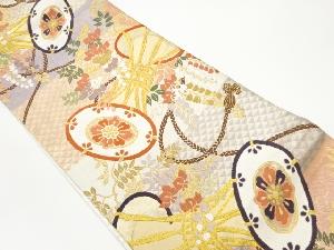 佐賀錦横段に鼓・草花模様織出し袋帯